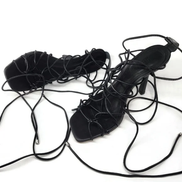 Schutz Heyde Black Leather Strappy Wrap Around & Tie Open-Toe High Heel Sandals - Picture 6 of 11